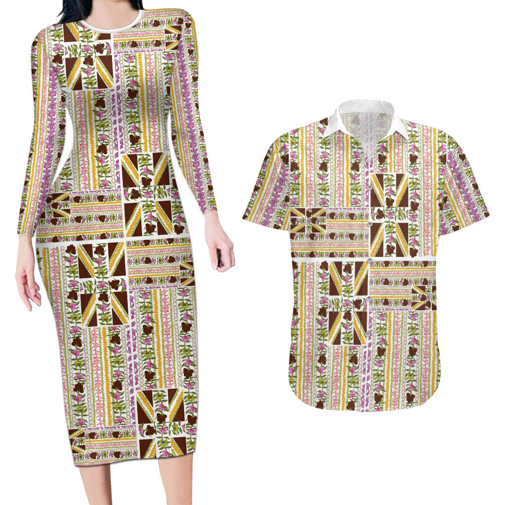 Hawaii Lokelani Pikake Lei Couples Matching Long Sleeve Bodycon Dress and Hawaiian Shirt Hawaiian Flag Motif LT9 White - Polynesian Pride