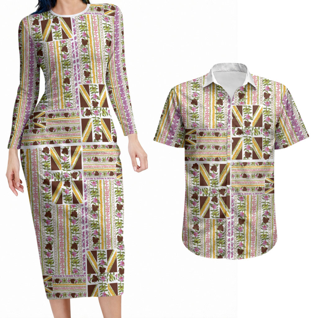 Hawaii Lokelani Pikake Lei Couples Matching Long Sleeve Bodycon Dress and Hawaiian Shirt Hawaiian Flag Motif LT9 White - Polynesian Pride
