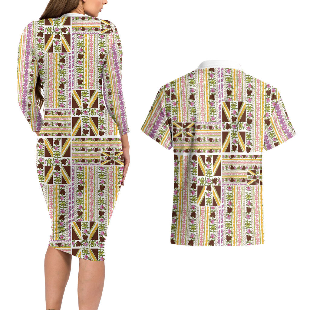 Hawaii Lokelani Pikake Lei Couples Matching Long Sleeve Bodycon Dress and Hawaiian Shirt Hawaiian Flag Motif LT9 - Polynesian Pride