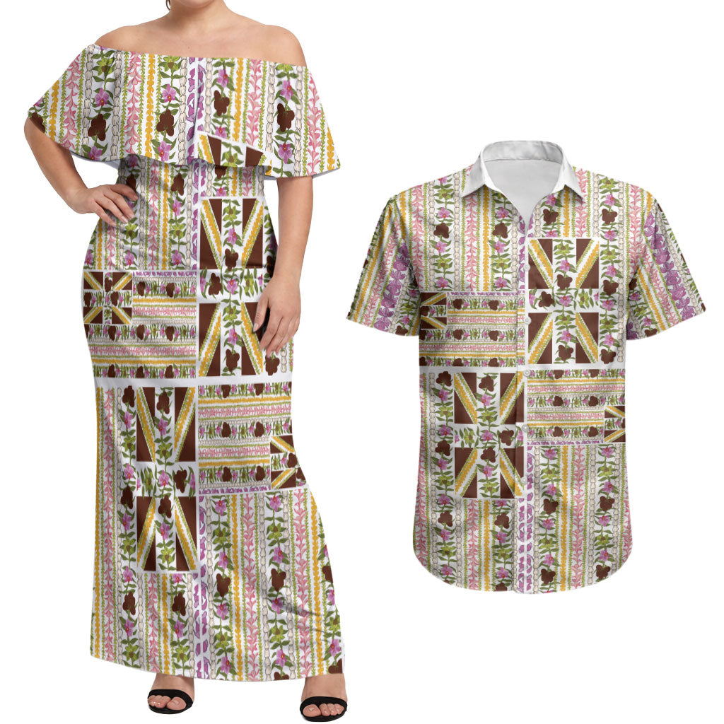 Hawaii Lokelani Pikake Lei Couples Matching Off Shoulder Maxi Dress and Hawaiian Shirt Hawaiian Flag Motif LT9 White - Polynesian Pride