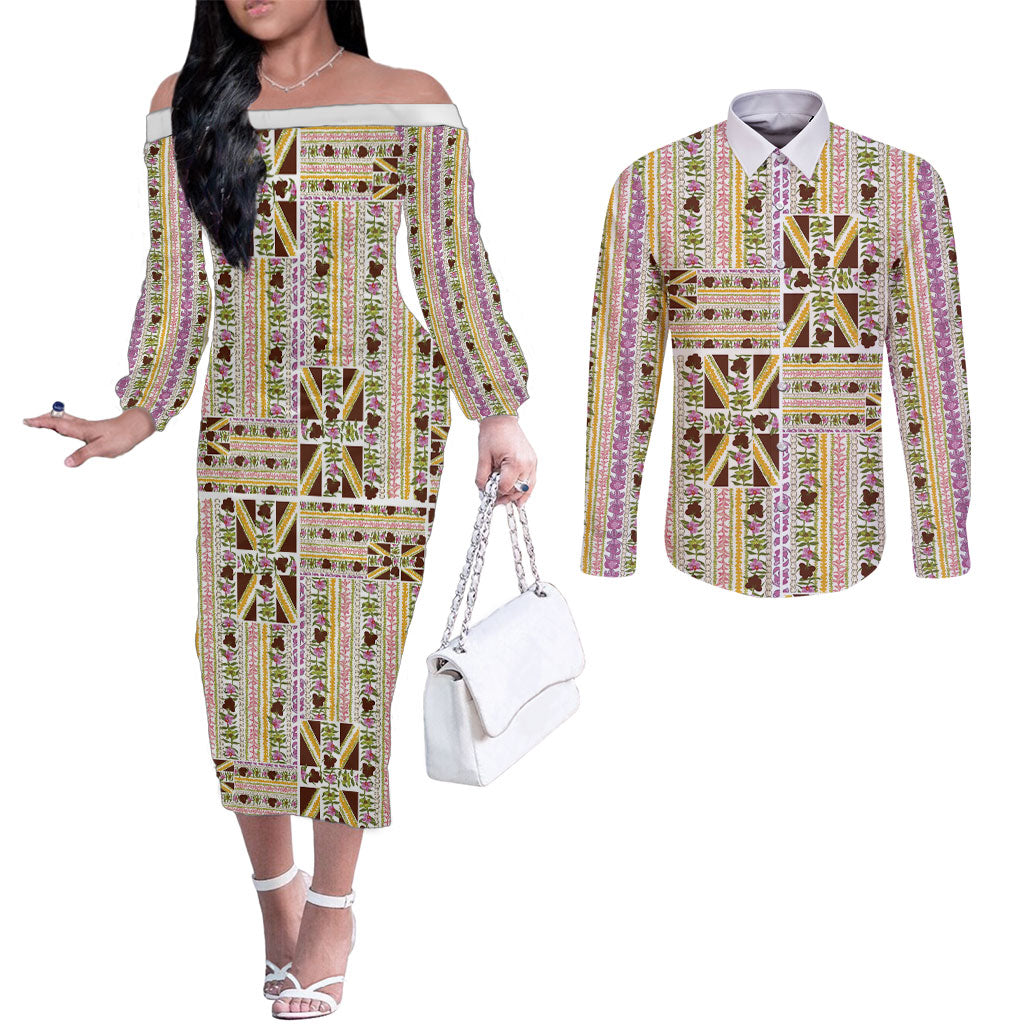 Hawaii Lokelani Pikake Lei Couples Matching Off The Shoulder Long Sleeve Dress and Long Sleeve Button Shirt Hawaiian Flag Motif LT9 White - Polynesian Pride