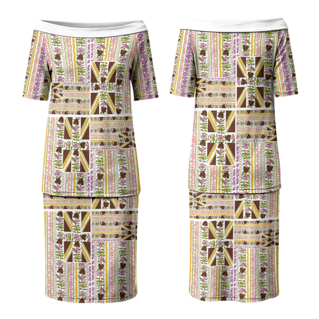 Hawaii Lokelani Pikake Lei Couples Matching Puletasi and Hawaiian Shirt Hawaiian Flag Motif LT9 - Polynesian Pride