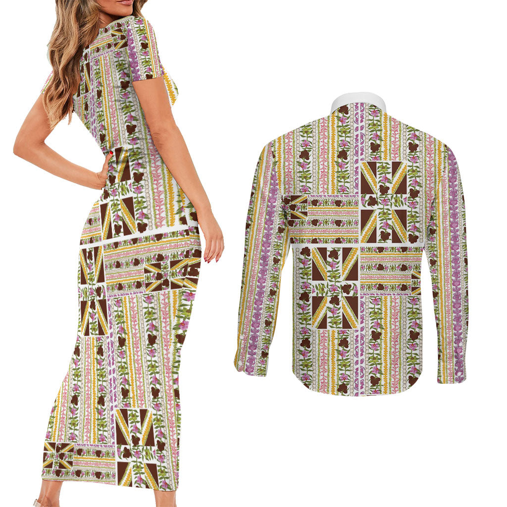 Hawaii Lokelani Pikake Lei Couples Matching Short Sleeve Bodycon Dress and Long Sleeve Button Shirt Hawaiian Flag Motif LT9 - Polynesian Pride
