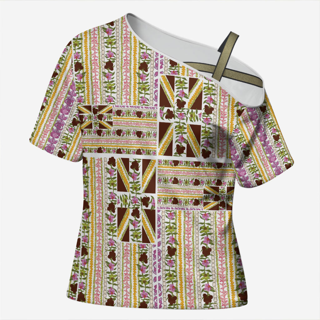 Hawaii Lokelani Pikake Lei Cross Shoulder Shirt Hawaiian Flag Motif