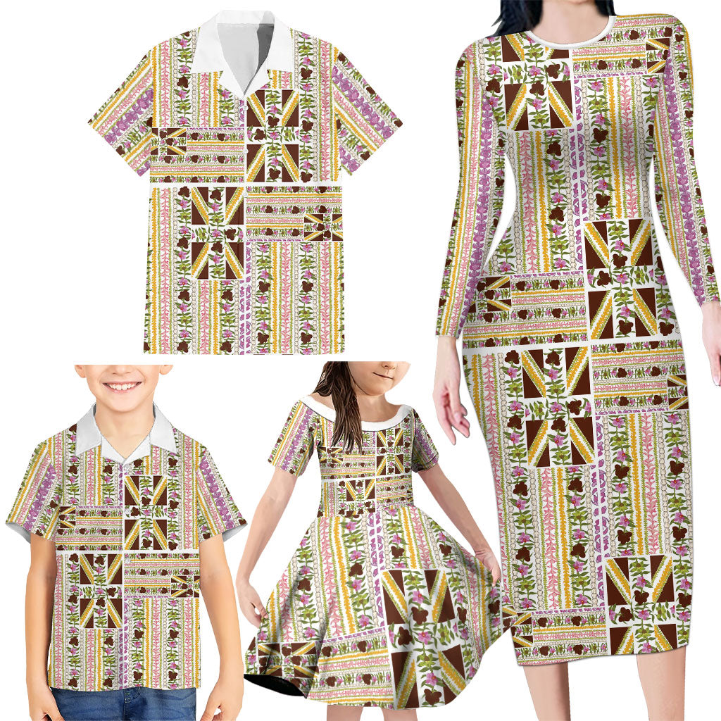 Hawaii Lokelani Pikake Lei Family Matching Long Sleeve Bodycon Dress and Hawaiian Shirt Hawaiian Flag Motif LT9 - Polynesian Pride