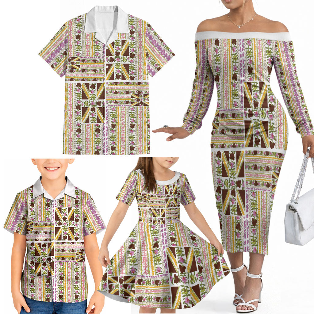 Hawaii Lokelani Pikake Lei Family Matching Off The Shoulder Long Sleeve Dress and Hawaiian Shirt Hawaiian Flag Motif LT9 - Polynesian Pride