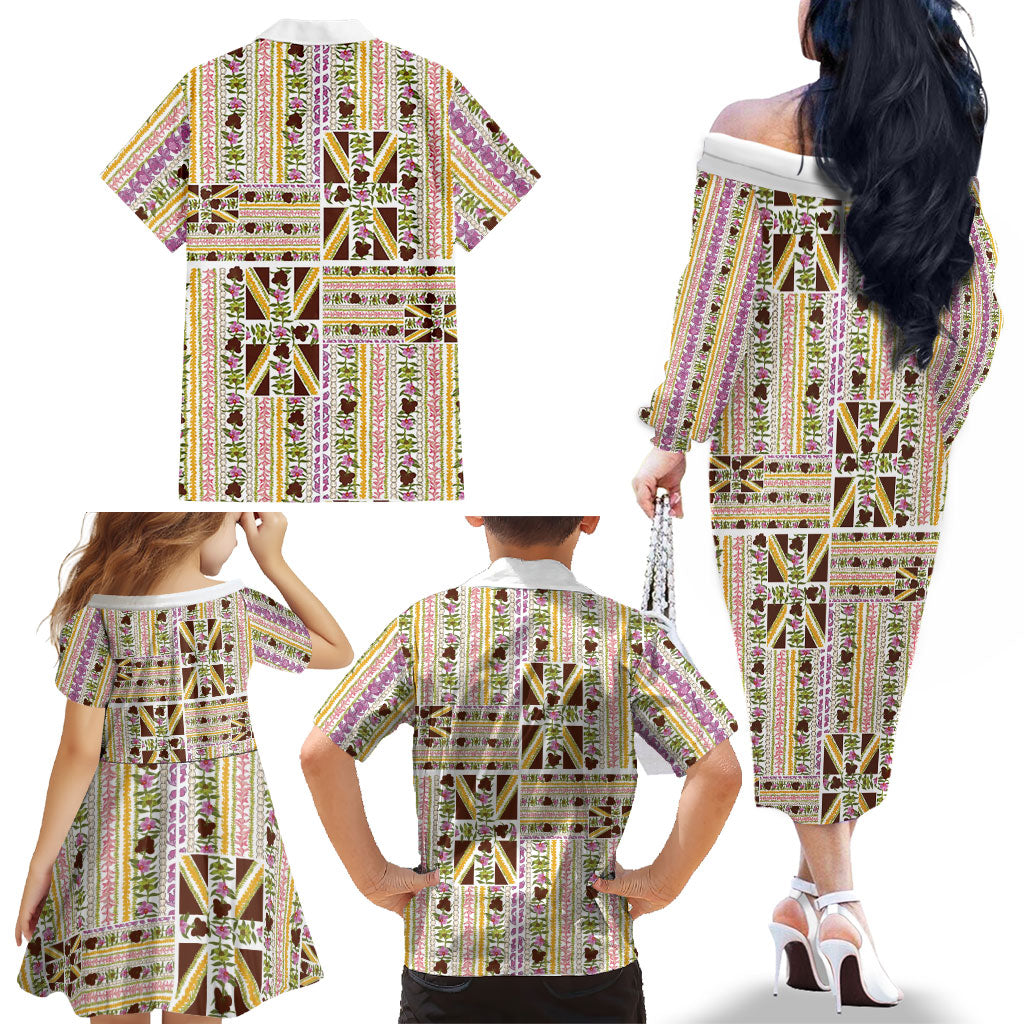 Hawaii Lokelani Pikake Lei Family Matching Off The Shoulder Long Sleeve Dress and Hawaiian Shirt Hawaiian Flag Motif LT9 - Polynesian Pride
