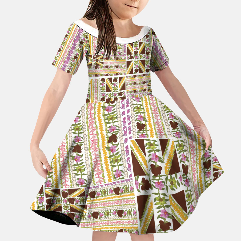 Hawaii Lokelani Pikake Lei Family Matching Off Shoulder Maxi Dress and Hawaiian Shirt Hawaiian Flag Motif LT9 Daughter's Dress White - Polynesian Pride