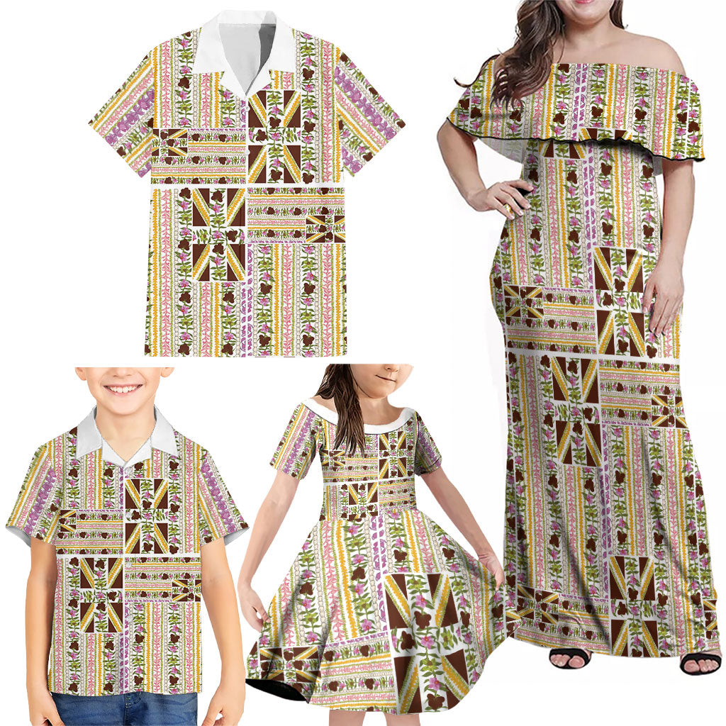 Hawaii Lokelani Pikake Lei Family Matching Off Shoulder Maxi Dress and Hawaiian Shirt Hawaiian Flag Motif