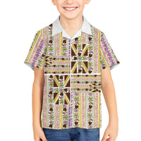 Hawaii Lokelani Pikake Lei Family Matching Off Shoulder Maxi Dress and Hawaiian Shirt Hawaiian Flag Motif LT9 Son's Shirt White - Polynesian Pride