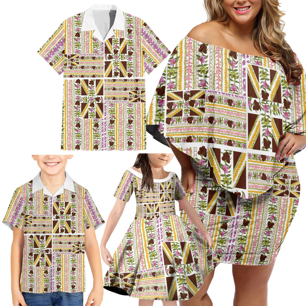 Hawaii Lokelani Pikake Lei Family Matching Off Shoulder Short Dress and Hawaiian Shirt Hawaiian Flag Motif LT9 - Polynesian Pride