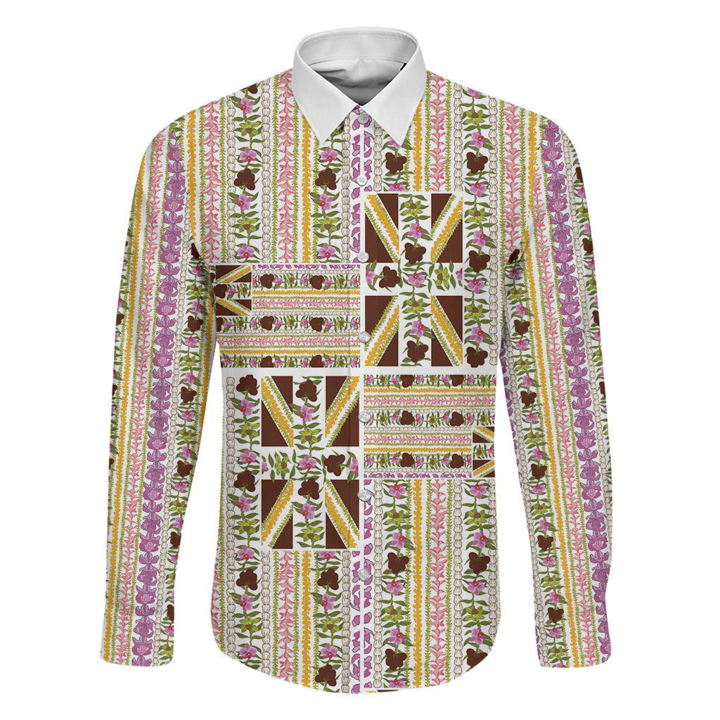 Hawaii Lokelani Pikake Lei Family Matching Off Shoulder Short Dress and Hawaiian Shirt Hawaiian Flag Motif LT9 Dad's Shirt - Long Sleeve White - Polynesian Pride