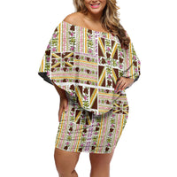 Hawaii Lokelani Pikake Lei Family Matching Off Shoulder Short Dress and Hawaiian Shirt Hawaiian Flag Motif LT9 Mom's Dress White - Polynesian Pride