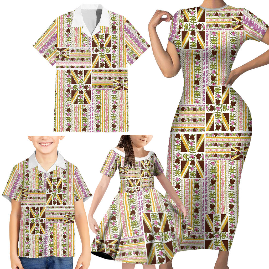 Hawaii Lokelani Pikake Lei Family Matching Short Sleeve Bodycon Dress and Hawaiian Shirt Hawaiian Flag Motif LT9 - Polynesian Pride