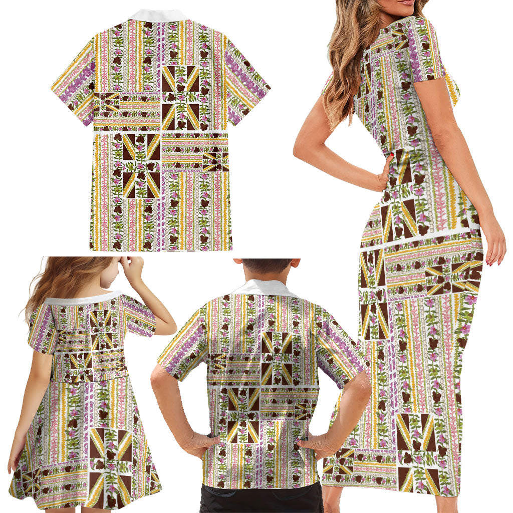 Hawaii Lokelani Pikake Lei Family Matching Short Sleeve Bodycon Dress and Hawaiian Shirt Hawaiian Flag Motif LT9 - Polynesian Pride