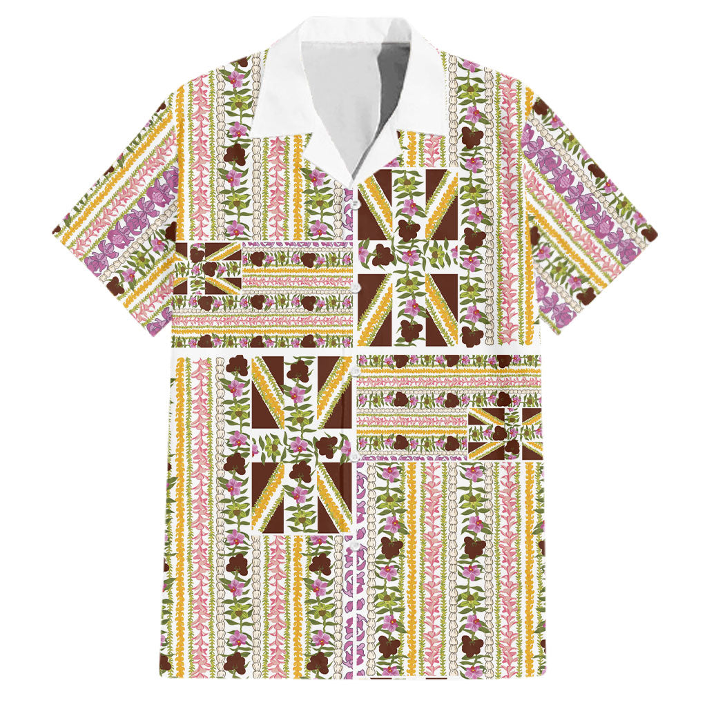 Hawaii Lokelani Pikake Lei Family Matching Short Sleeve Bodycon Dress and Hawaiian Shirt Hawaiian Flag Motif LT9 Dad's Shirt - Short Sleeve White - Polynesian Pride