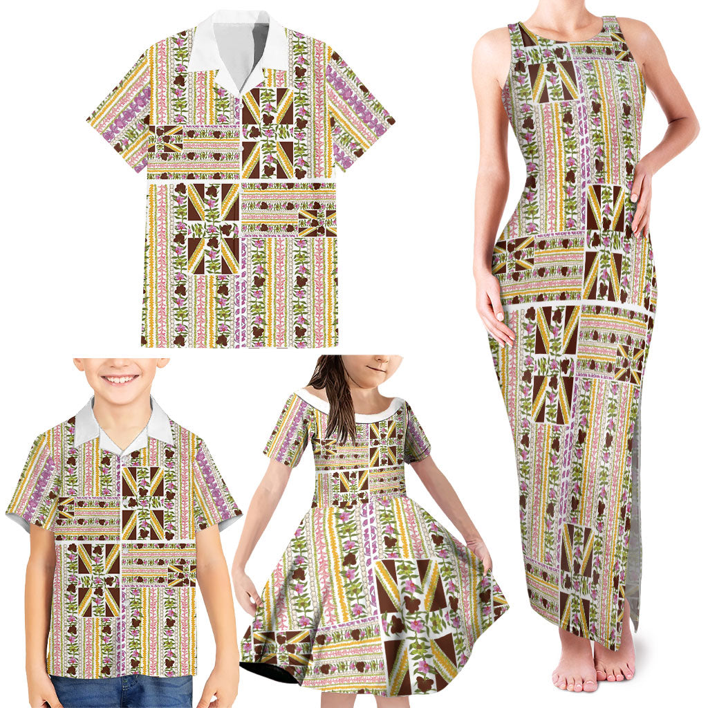 Hawaii Lokelani Pikake Lei Family Matching Tank Maxi Dress and Hawaiian Shirt Hawaiian Flag Motif LT9 - Polynesian Pride