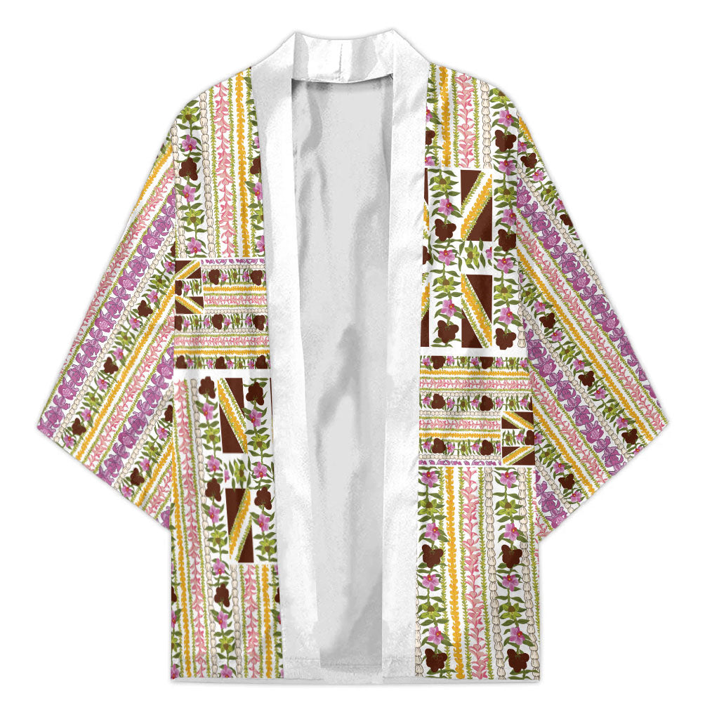 Hawaii Lokelani Pikake Lei Kimono Hawaiian Flag Motif LT9 Unisex White - Polynesian Pride