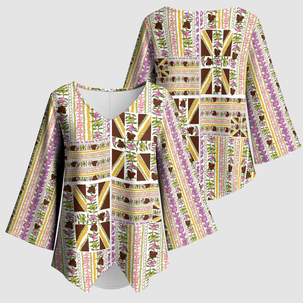 Hawaii Lokelani Pikake Lei Kimono Sleeve Blouse Hawaiian Flag Motif