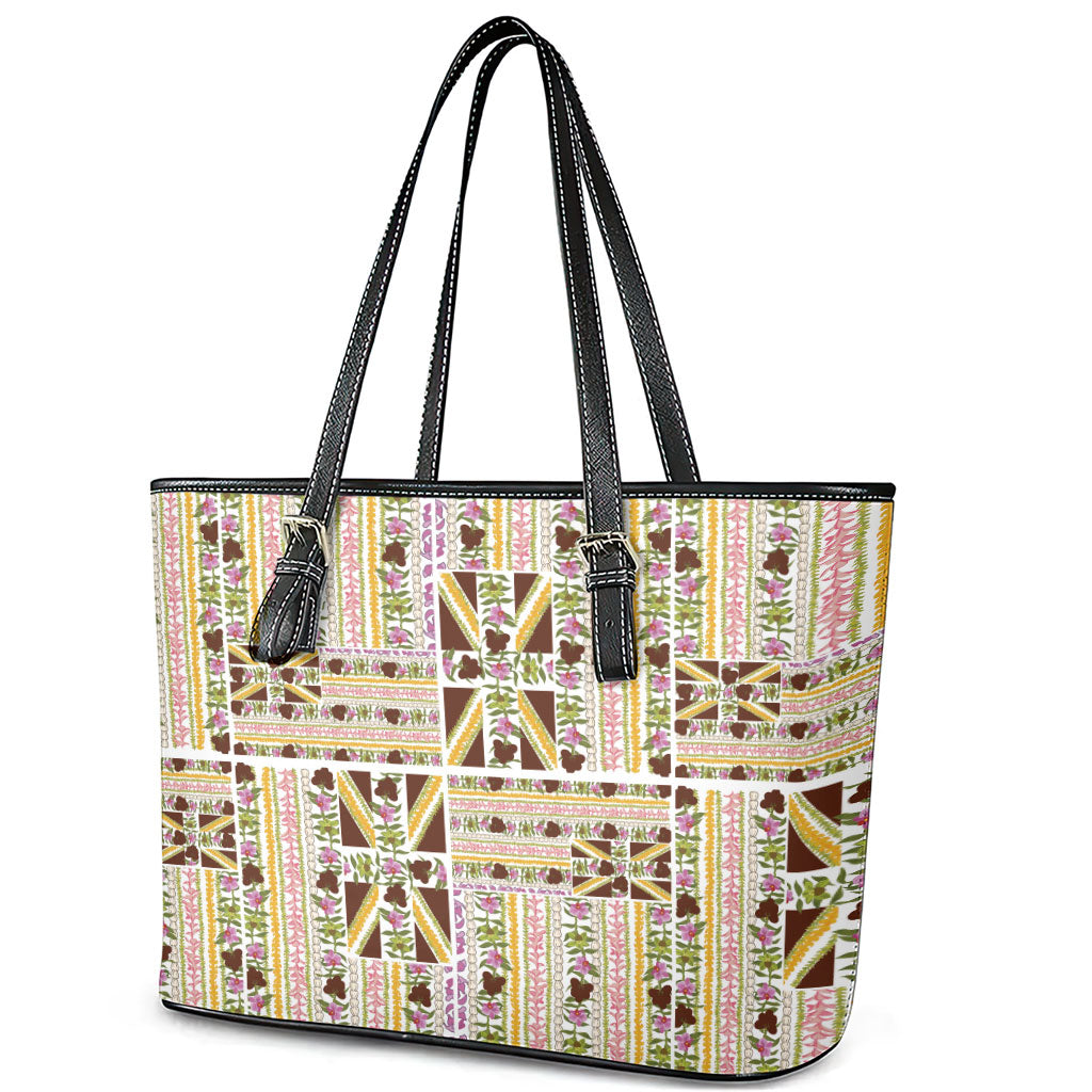 Hawaii Lokelani Pikake Lei Leather Tote Bag Hawaiian Flag Motif