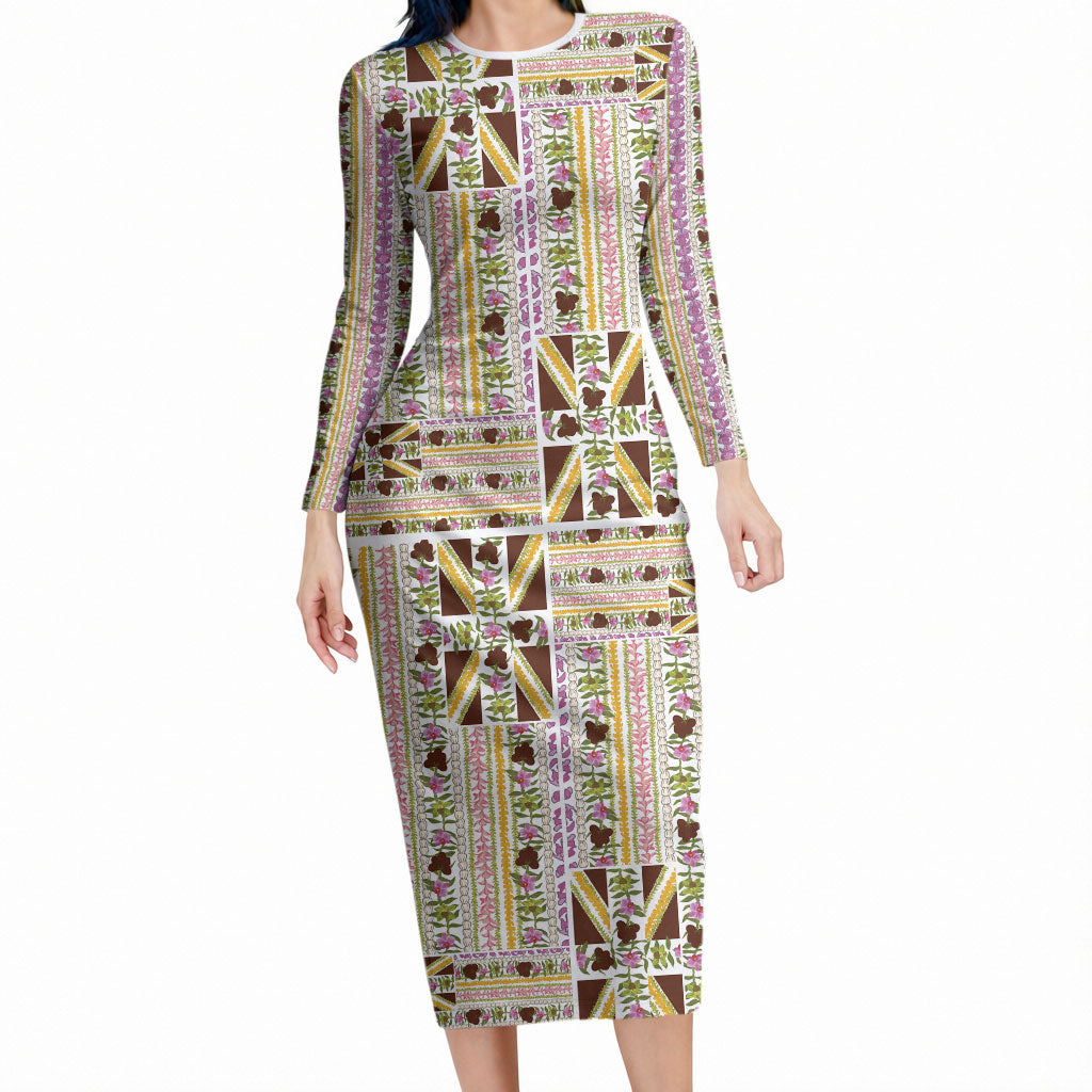 Hawaii Lokelani Pikake Lei Long Sleeve Bodycon Dress Hawaiian Flag Motif LT9 Long Dress White - Polynesian Pride