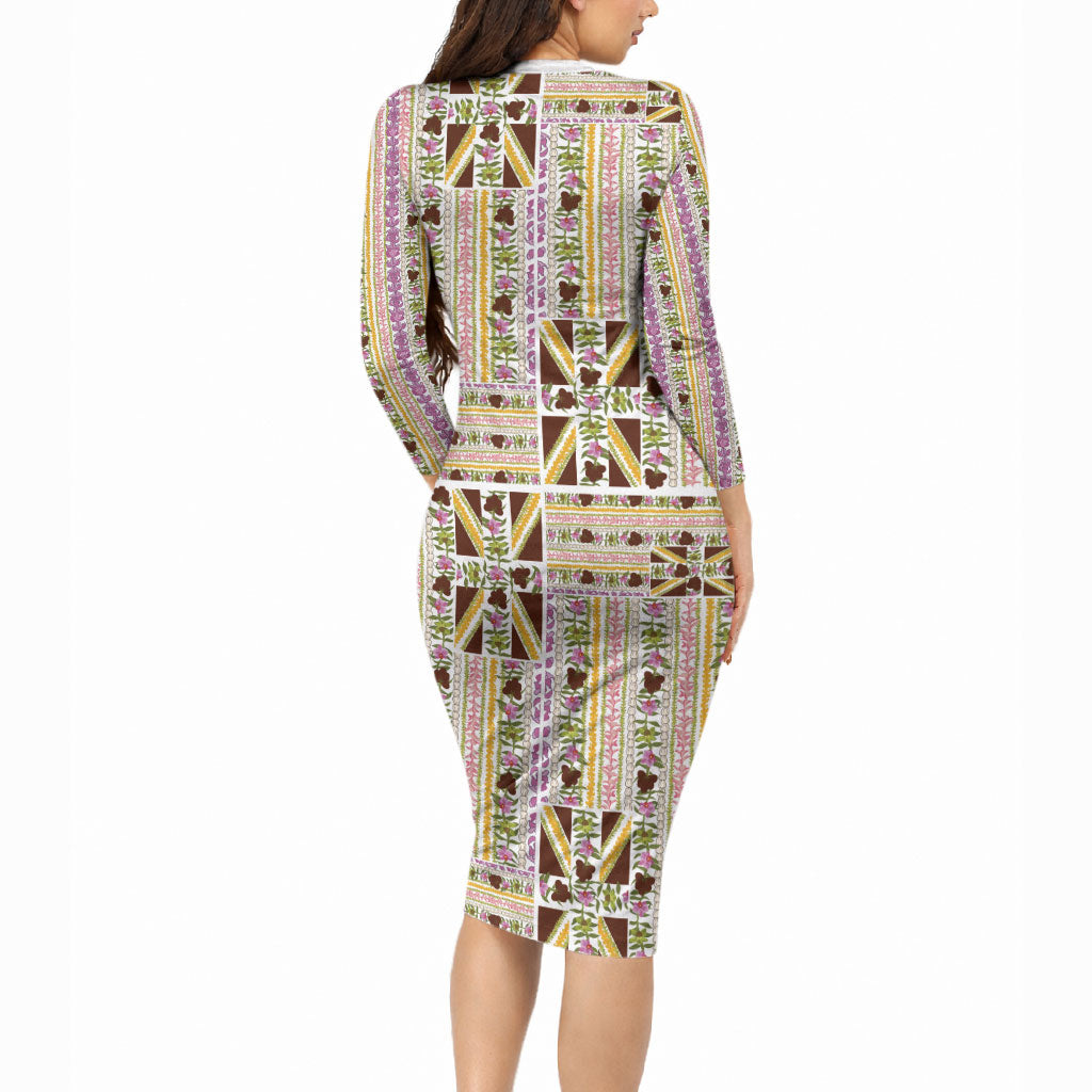 Hawaii Lokelani Pikake Lei Long Sleeve Bodycon Dress Hawaiian Flag Motif LT9 - Polynesian Pride