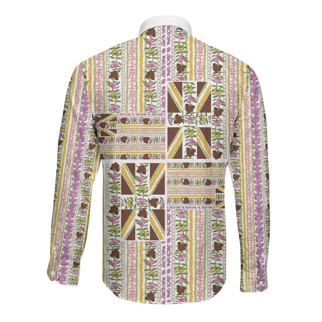 Hawaii Lokelani Pikake Lei Long Sleeve Button Shirt Hawaiian Flag Motif LT9 - Polynesian Pride