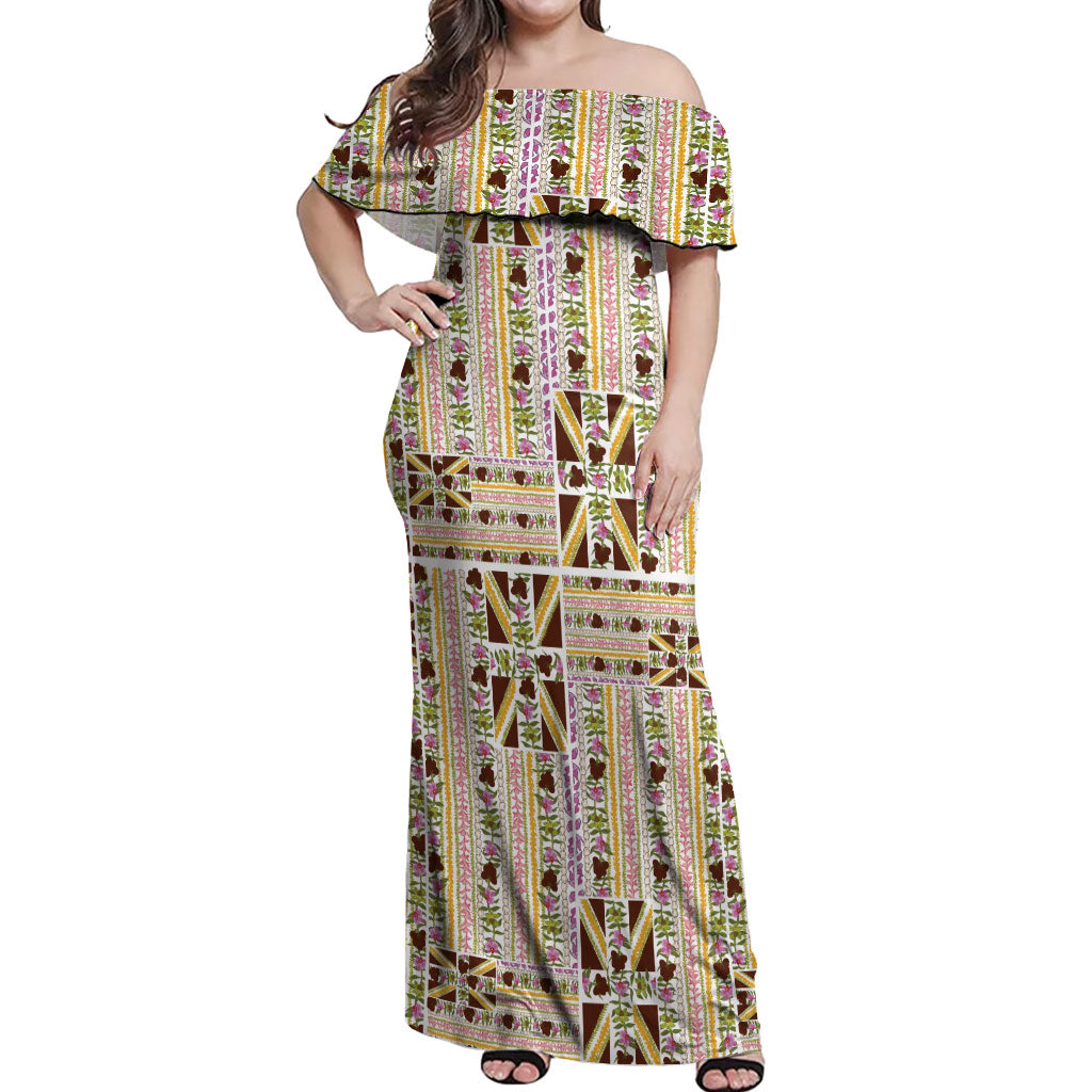 Hawaii Lokelani Pikake Lei Off Shoulder Maxi Dress Hawaiian Flag Motif
