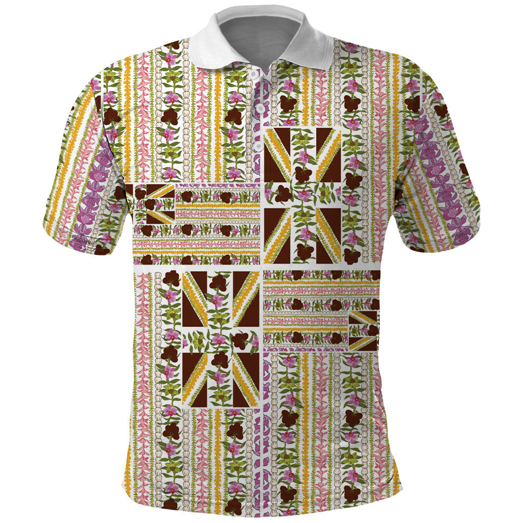 Hawaii Lokelani Pikake Lei Polo Shirt Hawaiian Flag Motif LT9 White - Polynesian Pride