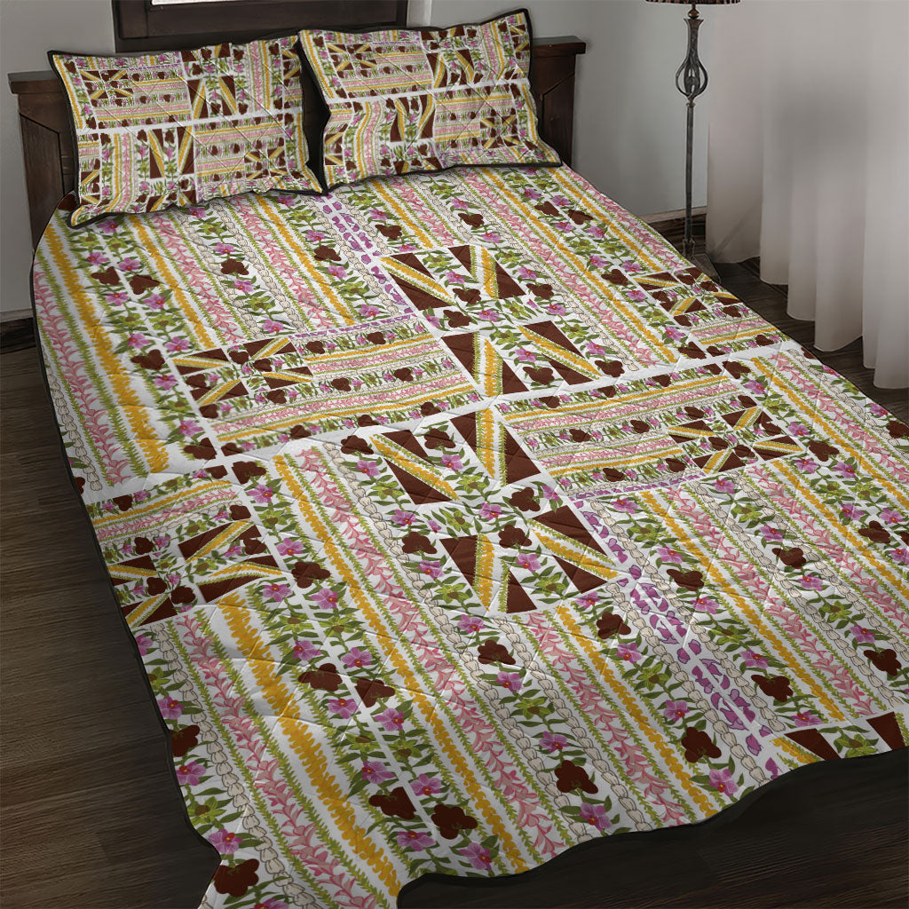 Hawaii Lokelani Pikake Lei Quilt Bed Set Hawaiian Flag Motif LT9 White - Polynesian Pride