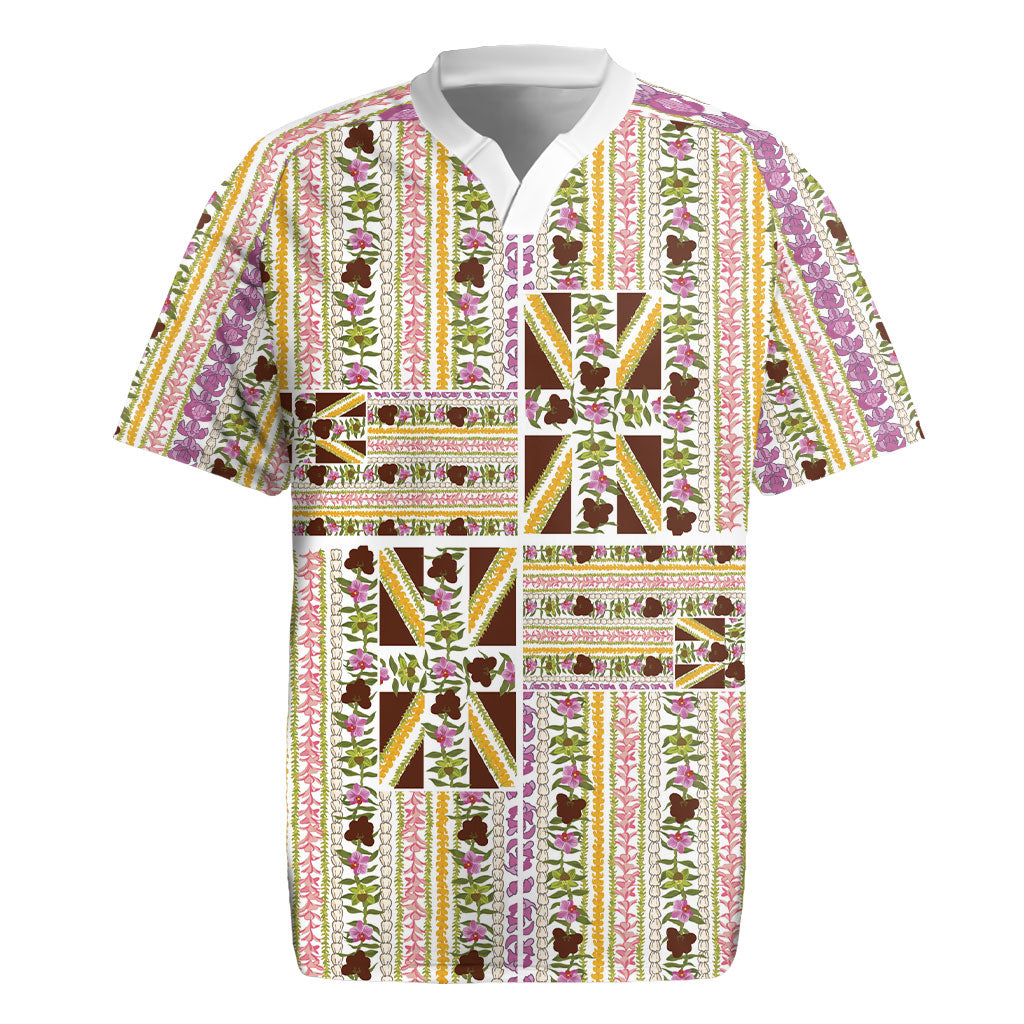 Hawaii Lokelani Pikake Lei Rugby Jersey Hawaiian Flag Motif LT9 White - Polynesian Pride