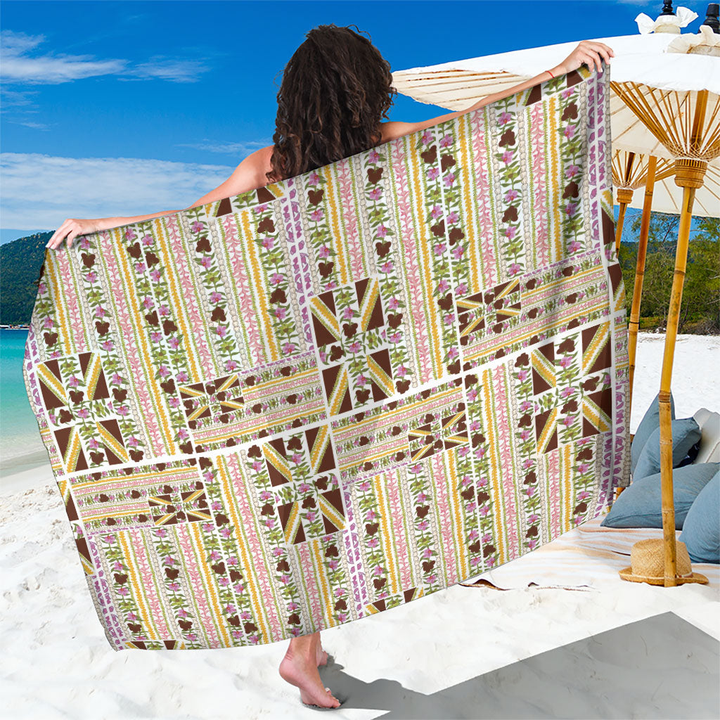 Hawaii Lokelani Pikake Lei Sarong Hawaiian Flag Motif LT9 One Size 44 x 66 inches White - Polynesian Pride