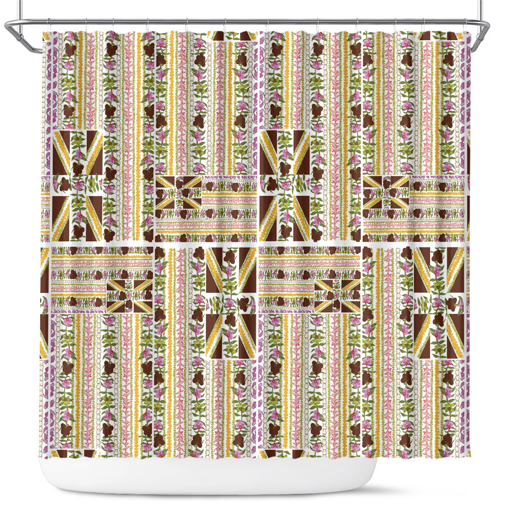 Hawaii Lokelani Pikake Lei Shower Curtain Hawaiian Flag Motif LT9 White - Polynesian Pride