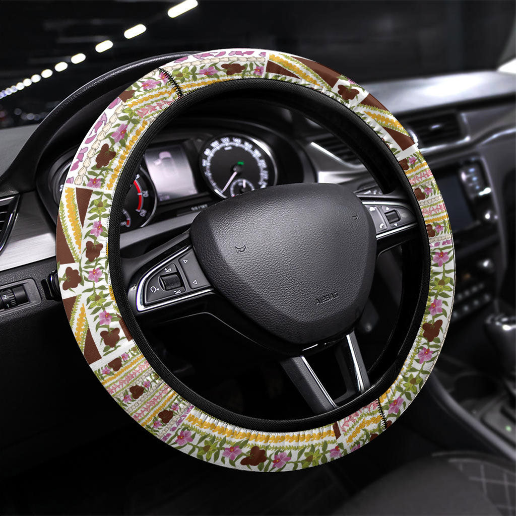 Hawaii Lokelani Pikake Lei Steering Wheel Cover Hawaiian Flag Motif LT9 Universal Fit White - Polynesian Pride