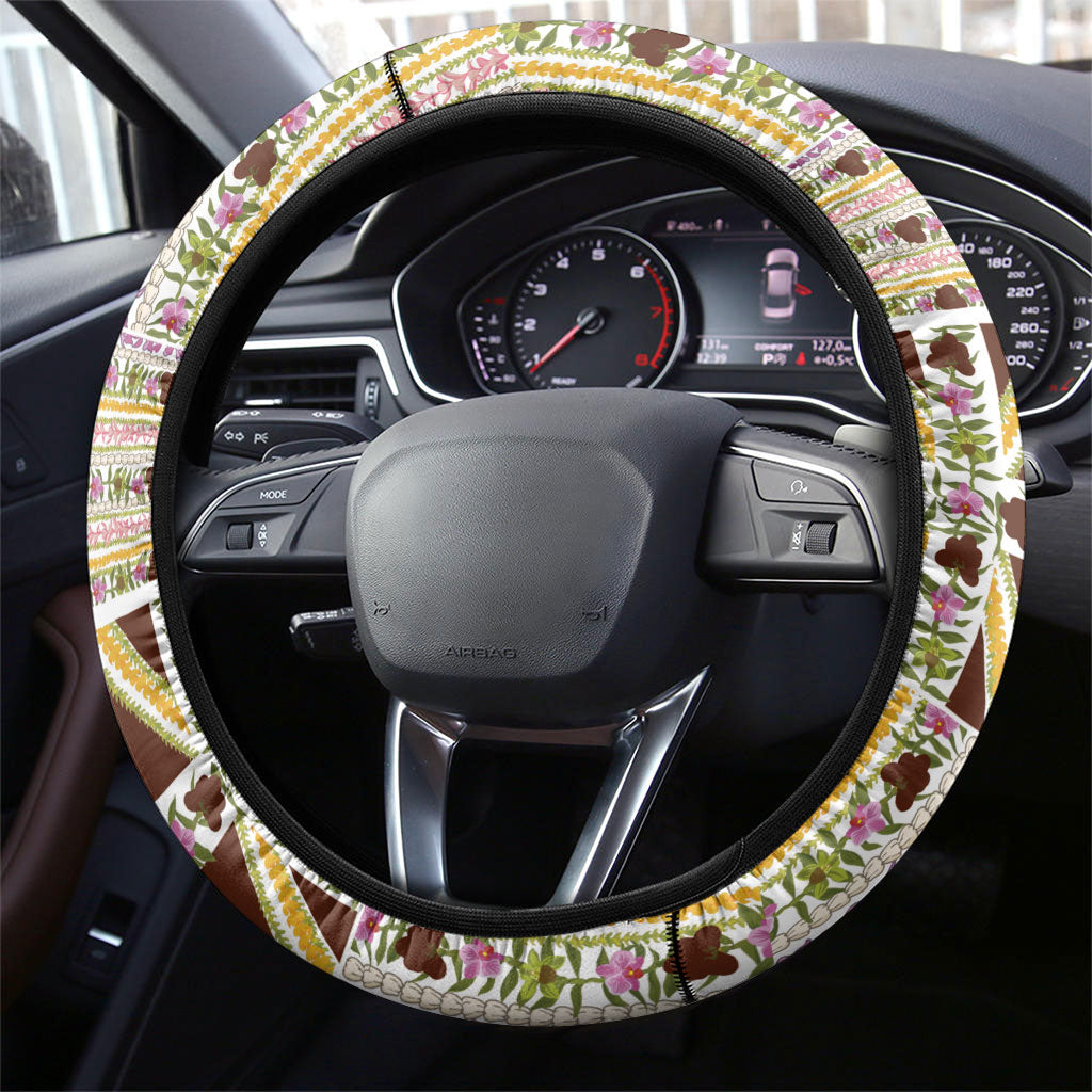 Hawaii Lokelani Pikake Lei Steering Wheel Cover Hawaiian Flag Motif LT9 - Polynesian Pride