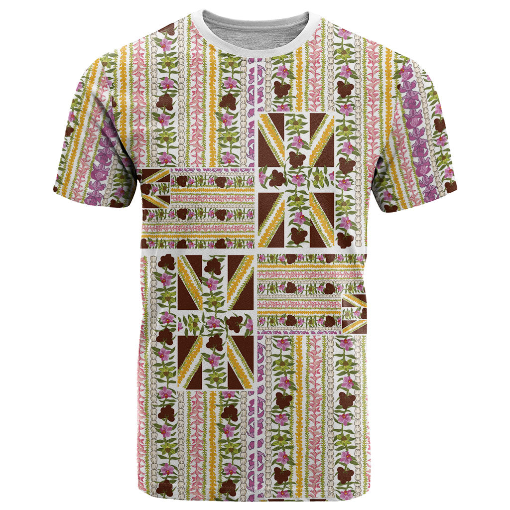 Hawaii Lokelani Pikake Lei T Shirt Hawaiian Flag Motif LT9 White - Polynesian Pride