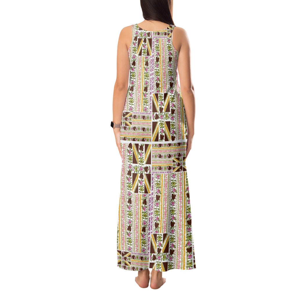 Hawaii Lokelani Pikake Lei Tank Maxi Dress Hawaiian Flag Motif