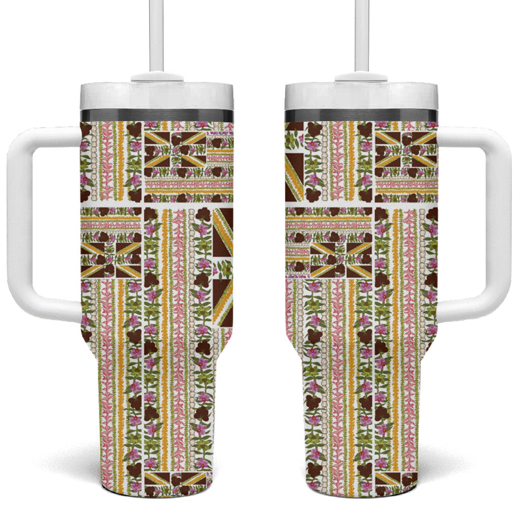 Hawaii Lokelani Pikake Lei Tumbler With Handle Hawaiian Flag Motif LT9 One Size: 40 oz White - Polynesian Pride