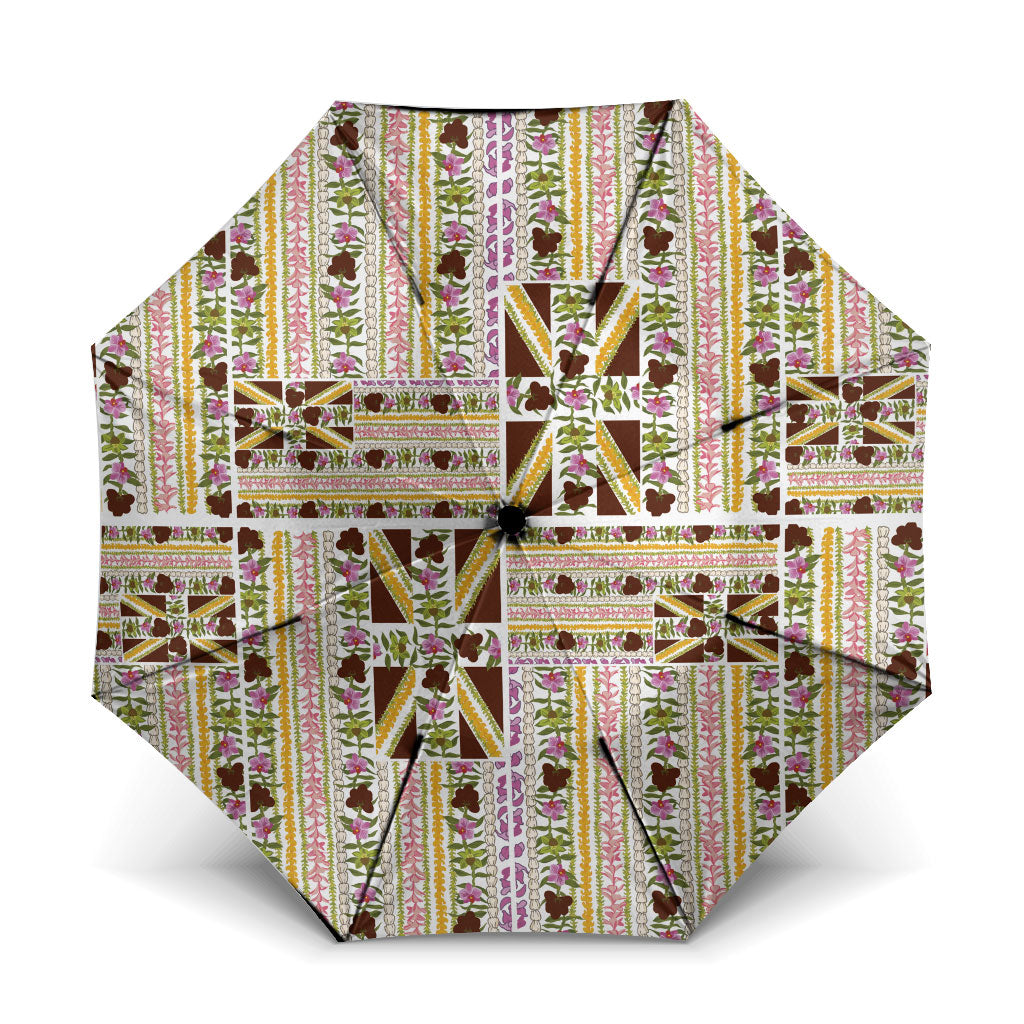 Hawaii Lokelani Pikake Lei Umbrella Hawaiian Flag Motif LT9 One Size Folded 11.42 inch Opened Diameter 37.4 inch White - Polynesian Pride