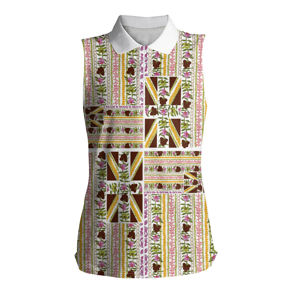 Hawaii Lokelani Pikake Lei Women Sleeveless Polo Shirt Hawaiian Flag Motif