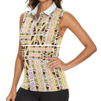 Hawaii Lokelani Pikake Lei Women Sleeveless Polo Shirt Hawaiian Flag Motif