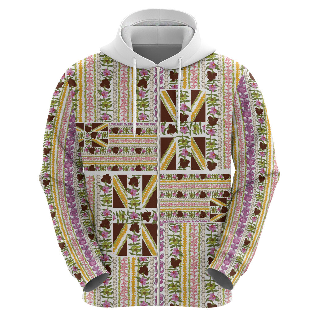 Hawaii Lokelani Pikake Lei Zip Hoodie Hawaiian Flag Motif