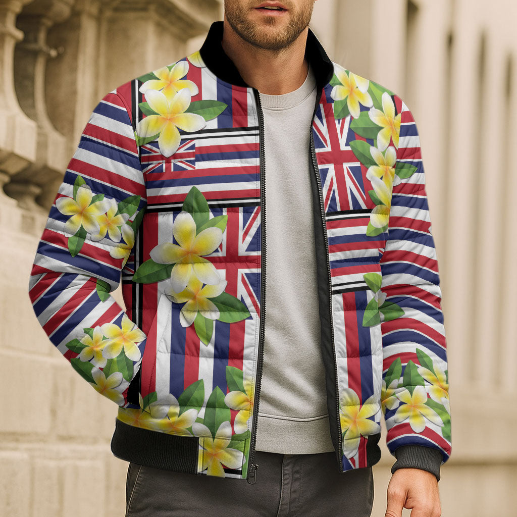 Hawaii Plumeria Lei Bomber Puffer Jacket Hawaiian Flag Motif