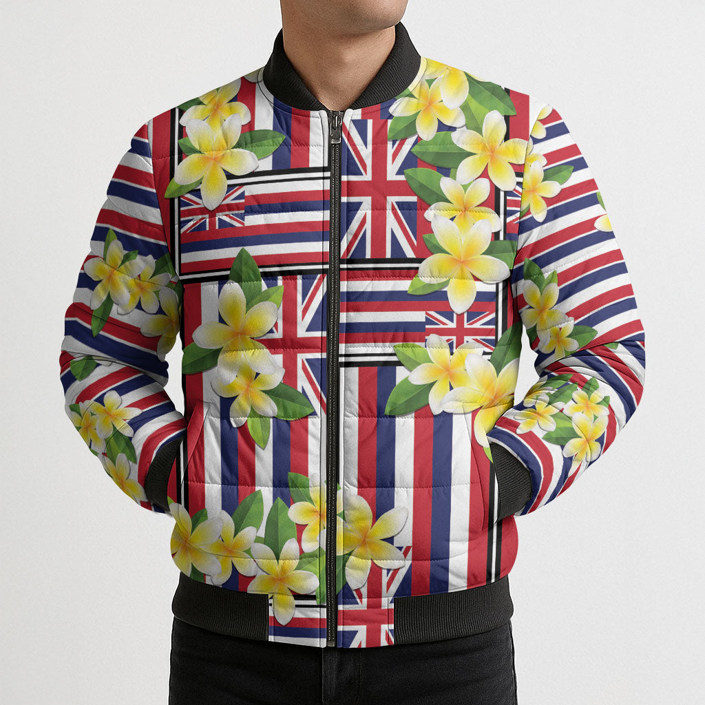 Hawaii Plumeria Lei Bomber Puffer Jacket Hawaiian Flag Motif