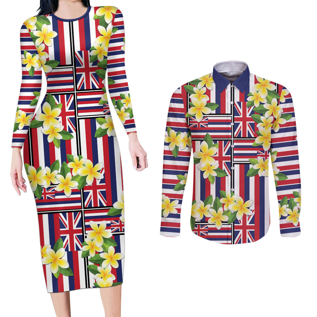 Hawaii Plumeria Lei Couples Matching Long Sleeve Bodycon Dress and Long Sleeve Button Shirt Hawaiian Flag Motif LT9 Red - Polynesian Pride