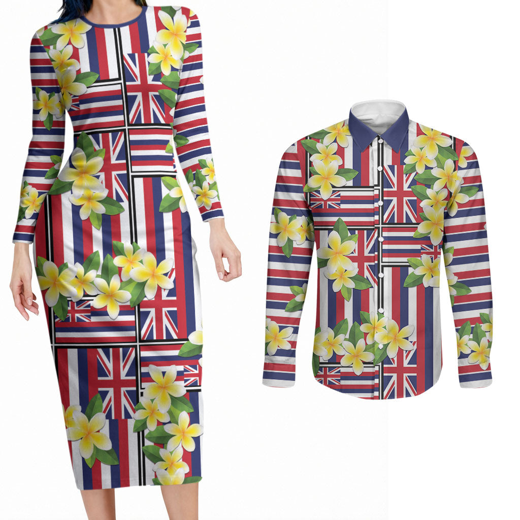Hawaii Plumeria Lei Couples Matching Long Sleeve Bodycon Dress and Long Sleeve Button Shirt Hawaiian Flag Motif LT9 Red - Polynesian Pride