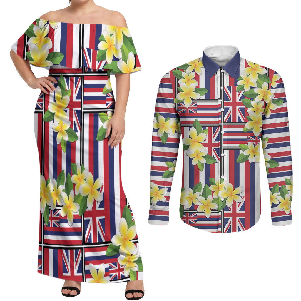Hawaii Plumeria Lei Couples Matching Off Shoulder Maxi Dress and Long Sleeve Button Shirt Hawaiian Flag Motif LT9 Red - Polynesian Pride