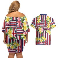 Hawaii Plumeria Lei Couples Matching Off Shoulder Short Dress and Hawaiian Shirt Hawaiian Flag Motif LT9 - Polynesian Pride