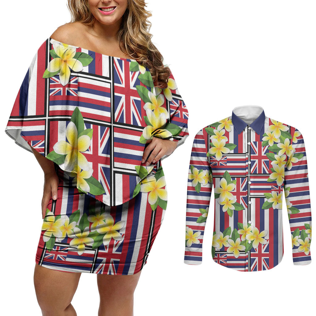 Hawaii Plumeria Lei Couples Matching Off Shoulder Short Dress and Long Sleeve Button Shirt Hawaiian Flag Motif LT9 Red - Polynesian Pride