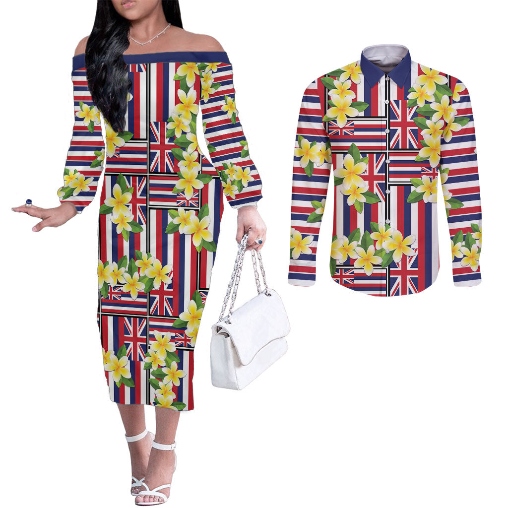 Hawaii Plumeria Lei Couples Matching Off The Shoulder Long Sleeve Dress and Long Sleeve Button Shirt Hawaiian Flag Motif LT9 Red - Polynesian Pride